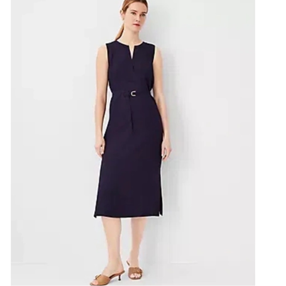 Ann Taylor Dress - navy blue sleeveless belted midi length - Picture 2 of 11